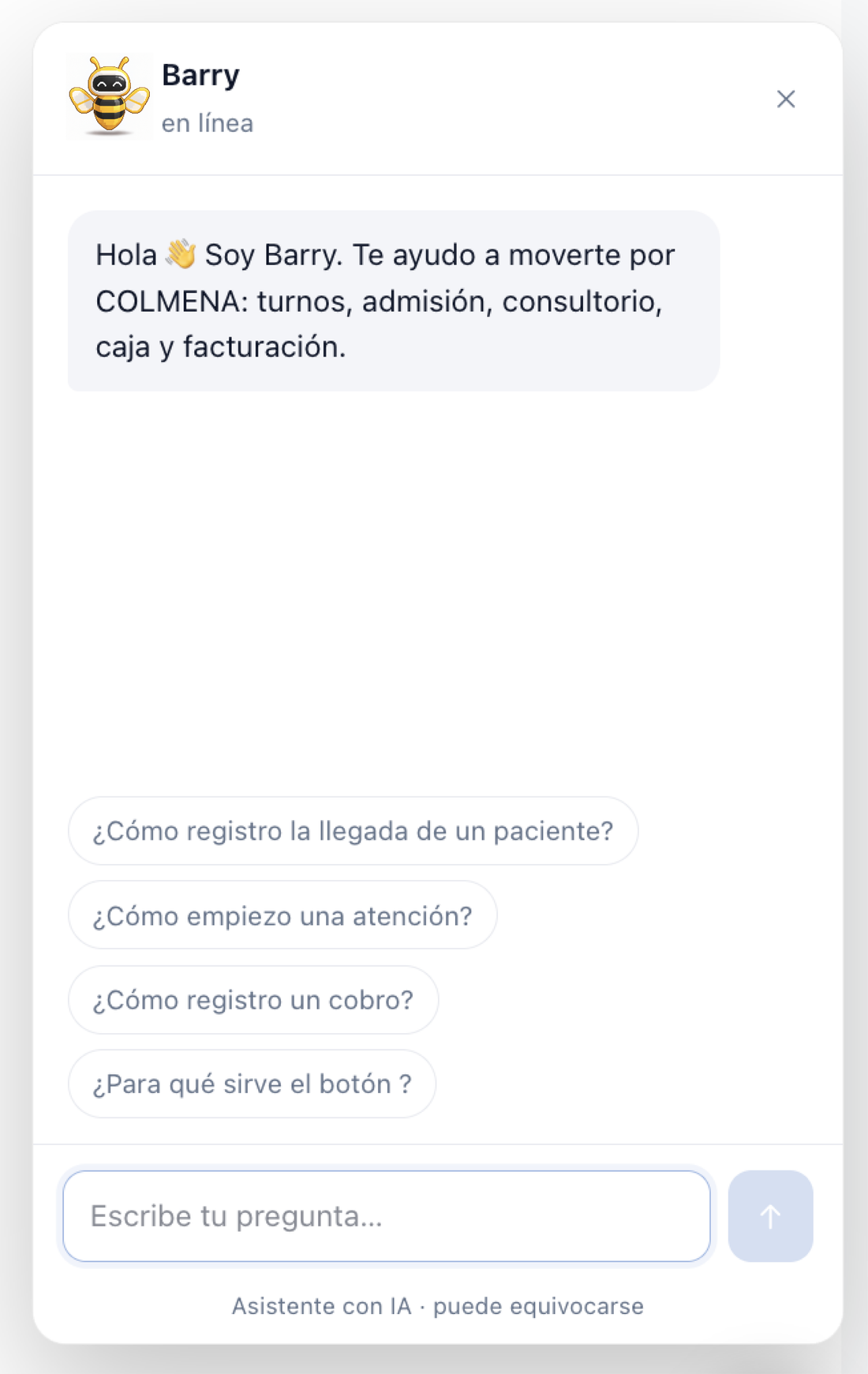 Panel real de Barry con su ícono de abeja y preguntas sugeridas para usar Colmena.